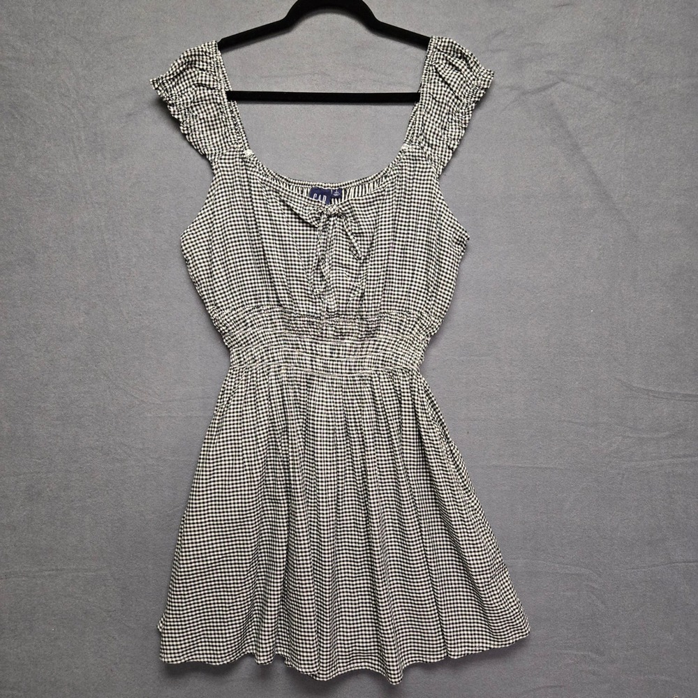 Gap Gingham Cottagecore Country Mini Dress Womens L Tall Black Ruffle Sleeve - Picture 3 of 13